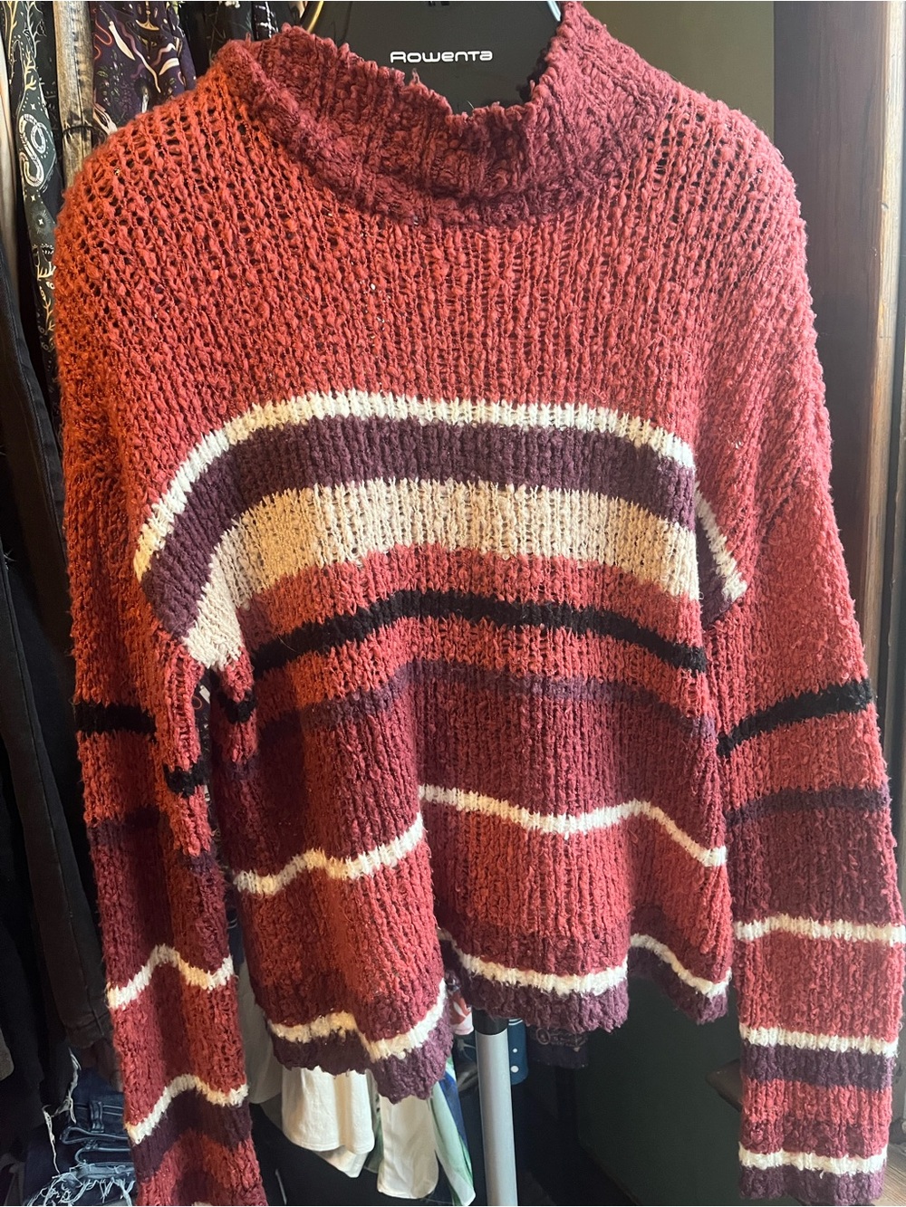 Cozy Women's Dark Pink/ Rust Stripe Knit Sweater - Unbranded